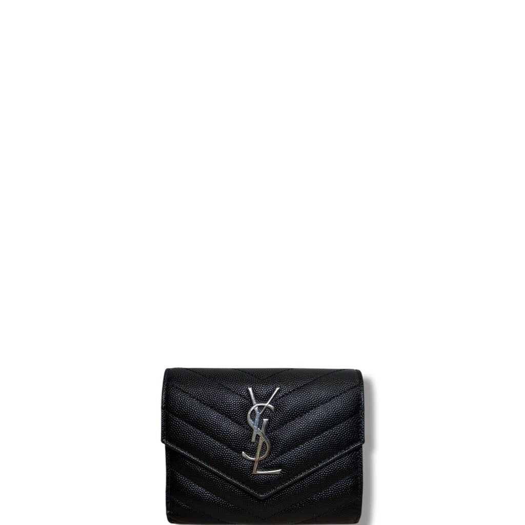 Saint Laurent YSL Cassandre Matelasse Compact Trifold Grain de Poudre Leather Wallet Black
