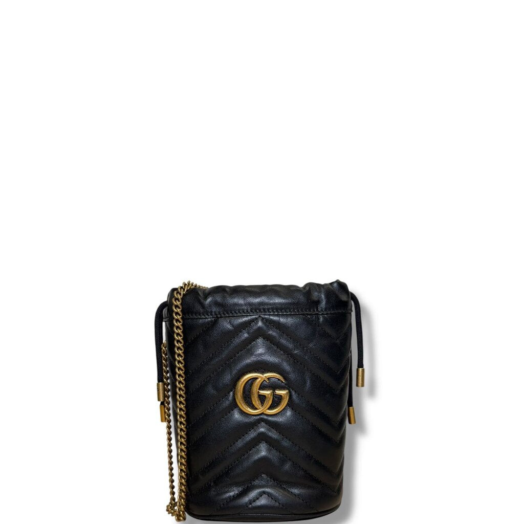 Gucci Calfskin Matelasse GG Marmont Bucket Bag Black Mini