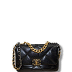Chanel 19 Shiny Lambskin Gold-Tone Silver-Tone & Ruthenium-Finish Metal Hardware Black Medium