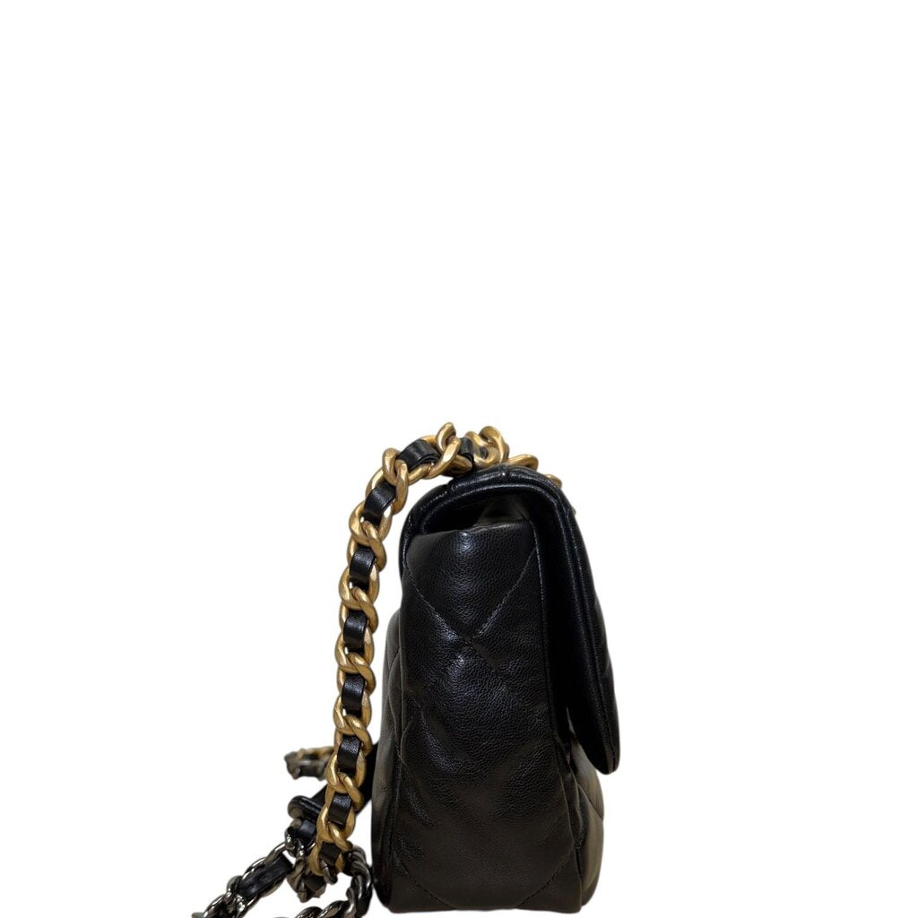Chanel 19 Shiny Lambskin Gold-Tone Silver-Tone & Ruthenium-Finish Metal Hardware Black Medium