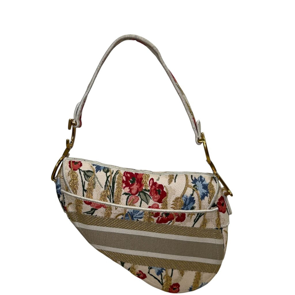 Christian Dior Hibiscus Embroider Saddle Shoulder Bag Cream