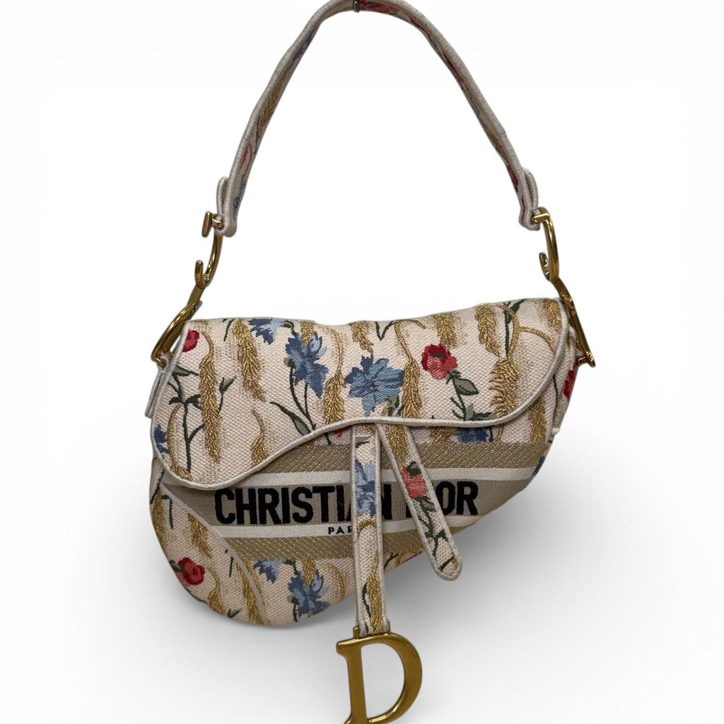 Christian Dior Hibiscus Embroider Saddle Shoulder Bag Cream