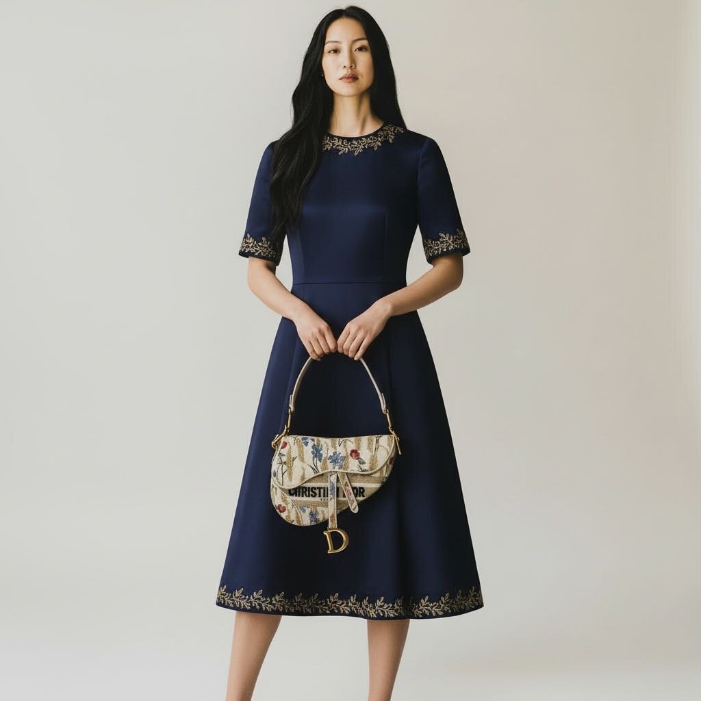 Christian Dior Hibiscus Embroider Saddle Shoulder Bag Cream