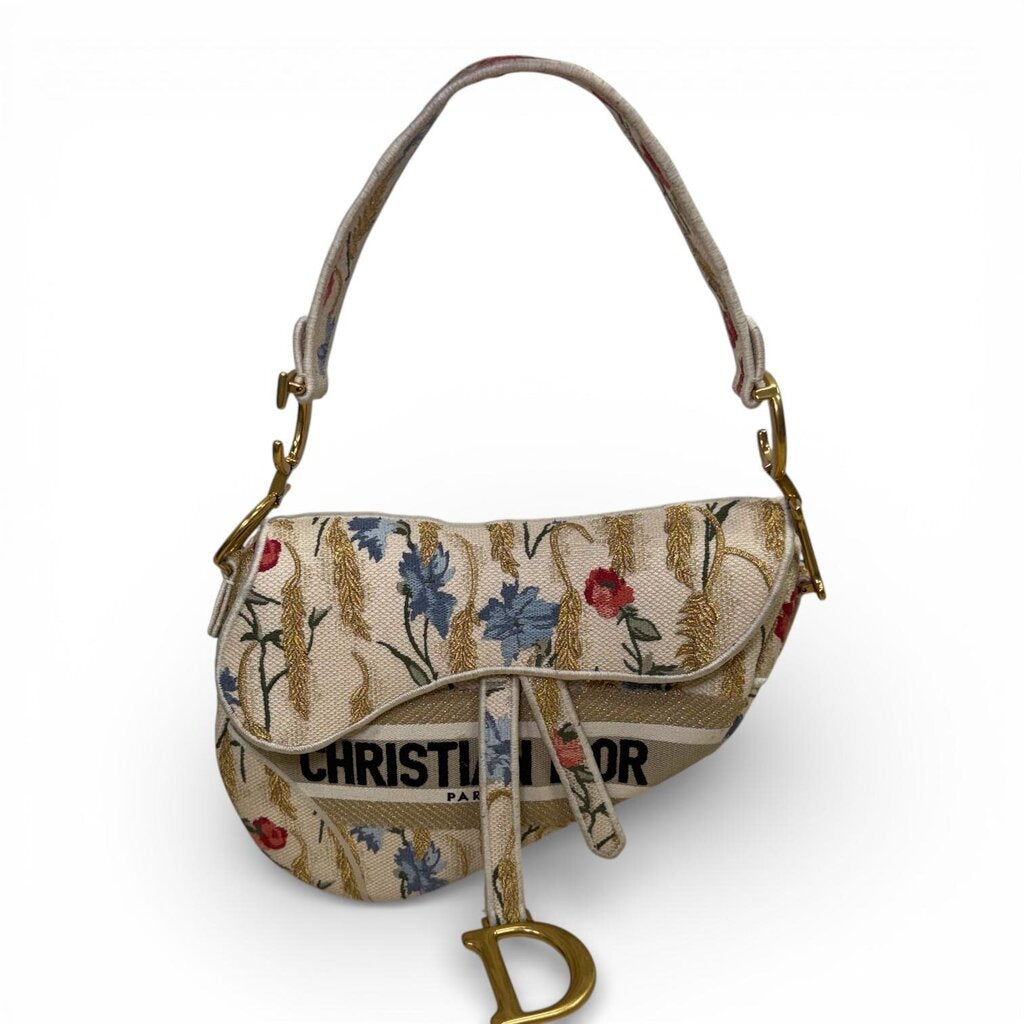 Christian Dior Hibiscus Embroider Saddle Shoulder Bag Cream
