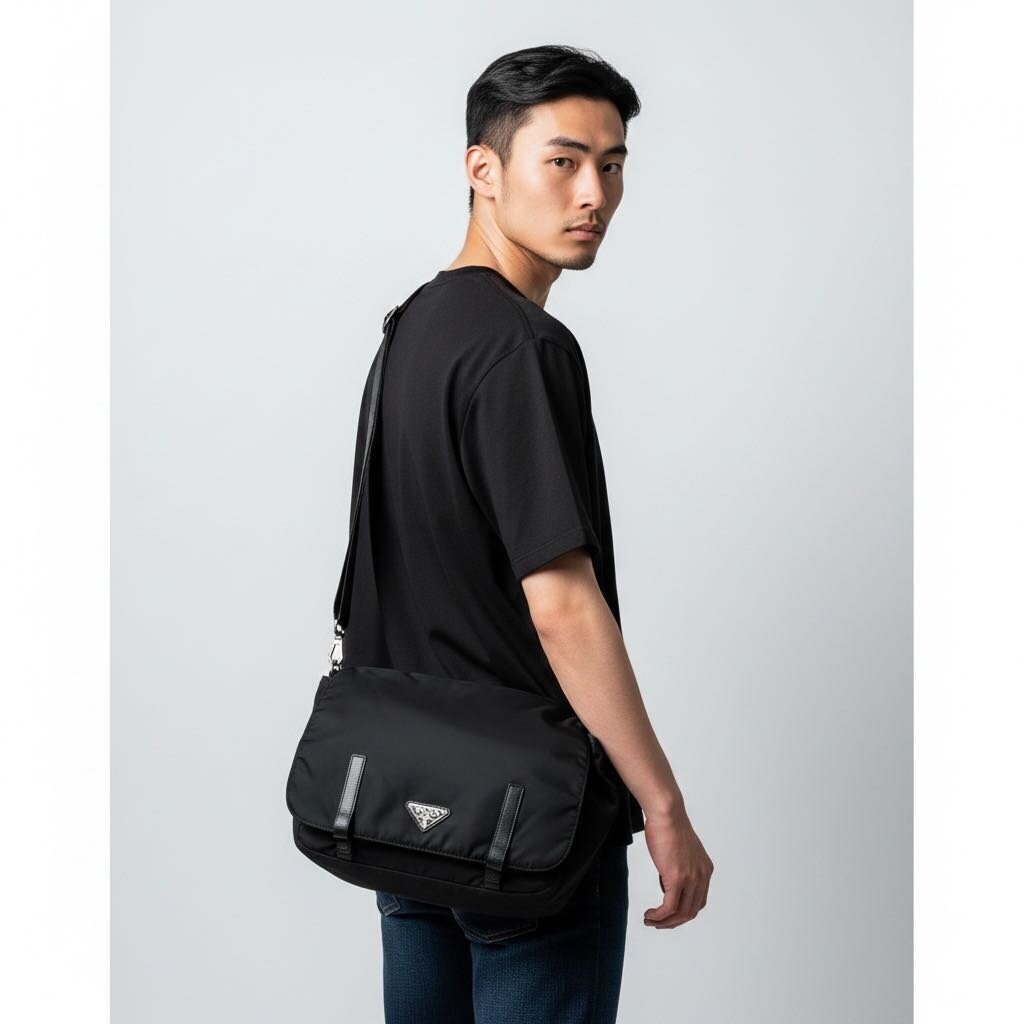 Prada Nylon Snap Messenger Crossbody Handbag Black