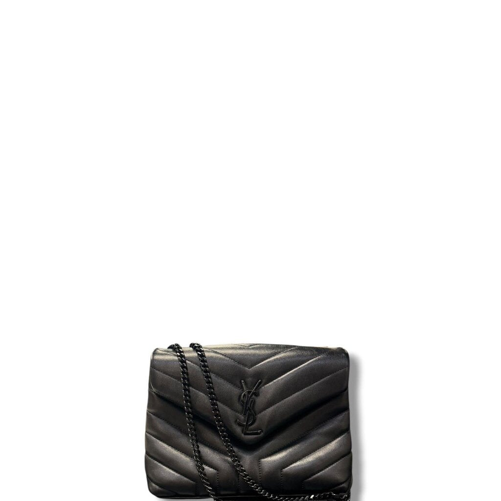 Saint Laurent Calfskin Y Quilted Monogram Monochrome Loulou Chain Satchel Black Crossbody Black Small