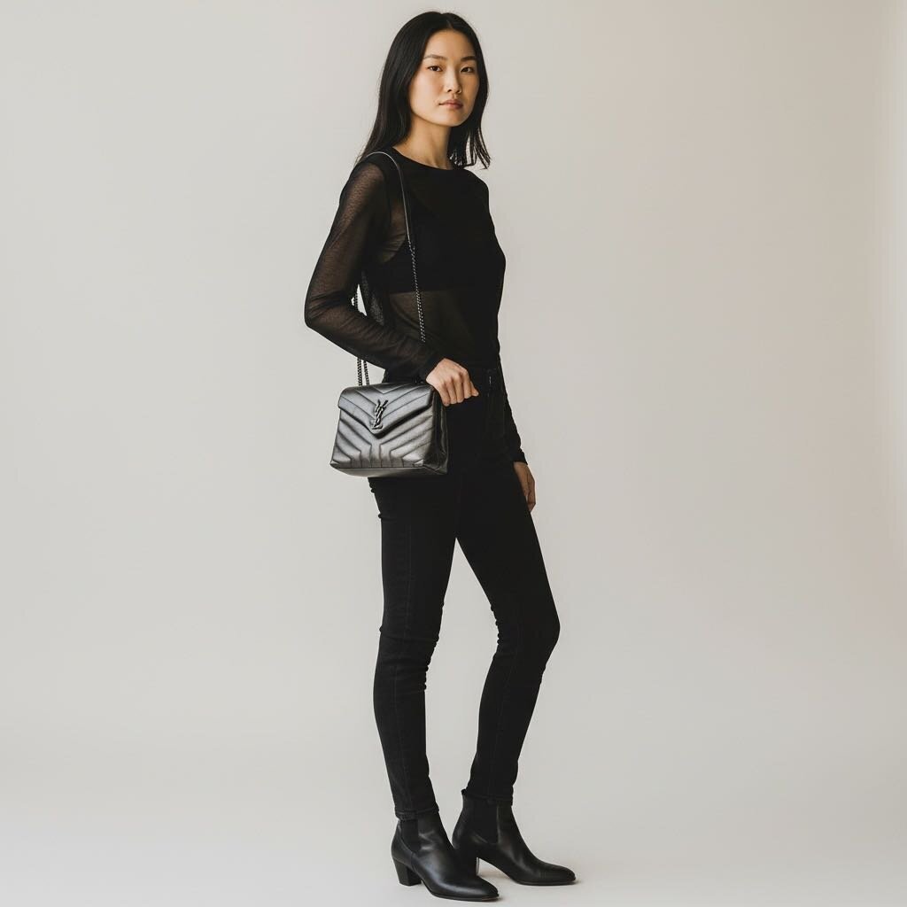 Saint Laurent Calfskin Y Quilted Monogram Monochrome Loulou Chain Satchel Black Crossbody Black Small