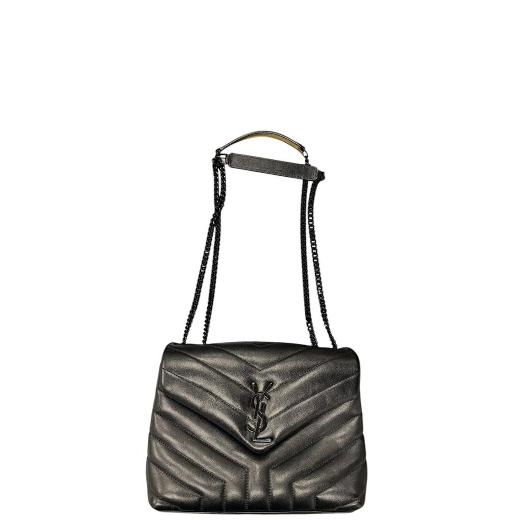 Saint Laurent Calfskin Y Quilted Monogram Monochrome Loulou Chain Satchel Black Crossbody Black Small