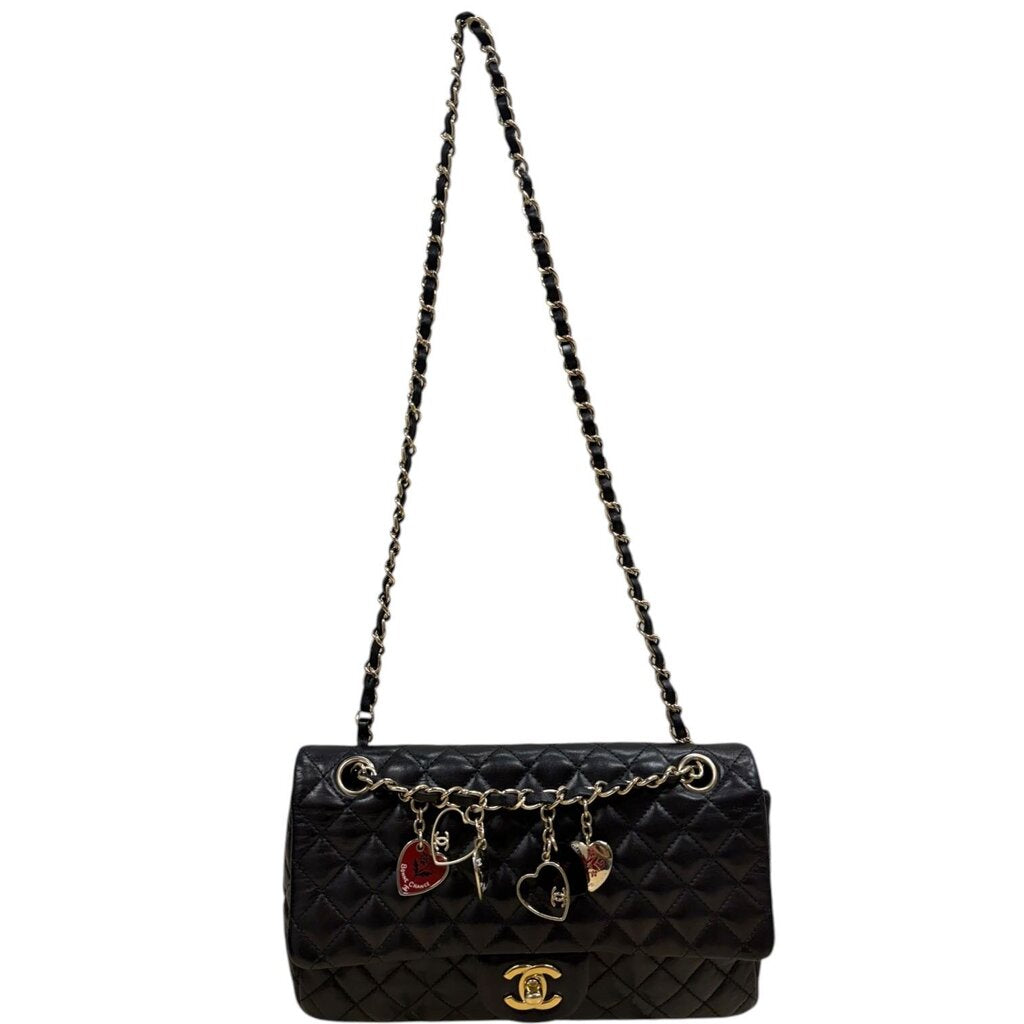 Chanel CC Valentine Charm Quilted Crossbody Flap Shoulder Bag Black Medium