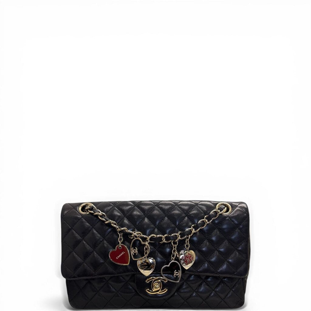 Chanel CC Valentine Charm Quilted Crossbody Flap Shoulder Bag Black Medium
