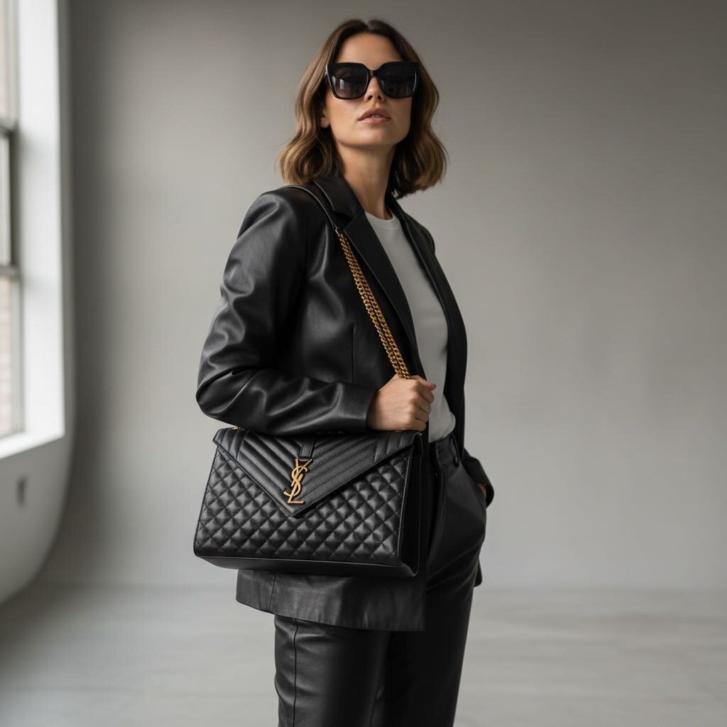 Saint Laurent YSL Envelope Triquilt Shoulder Bag Black Large