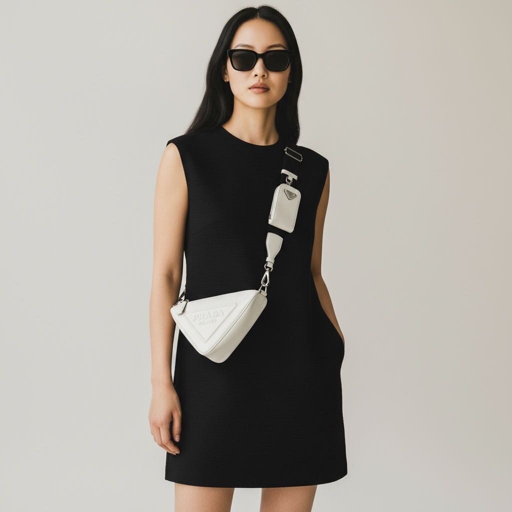 Prada Triangle Leather with Guitar Strap and Pouch White