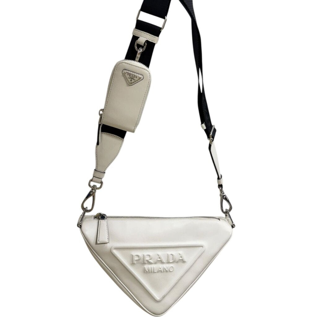 Prada Triangle Leather with Guitar Strap and Pouch White
