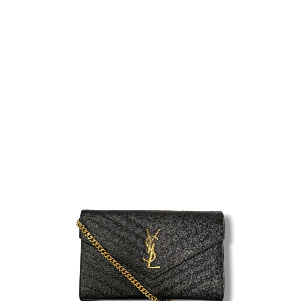 Saint Laurent YSL Cassandre Grain De Poudre Leather Wallet On A Chain Crossbody Black WOC