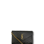Saint Laurent YSL Cassandre Grain De Poudre Leather Wallet On A Chain Crossbody Black WOC