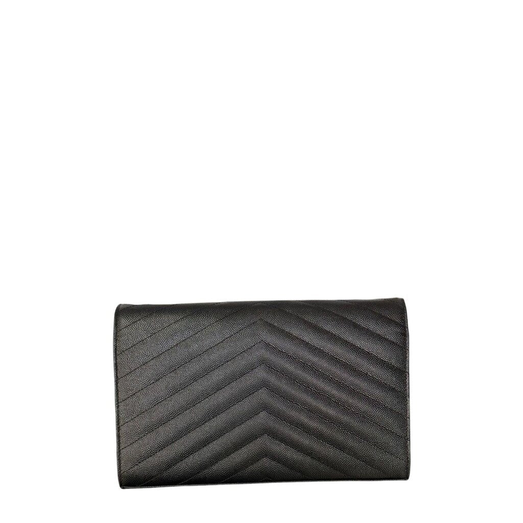 Saint Laurent YSL Cassandre Grain De Poudre Leather Wallet On A Chain Crossbody Black WOC