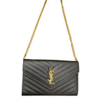 Saint Laurent YSL Cassandre Grain De Poudre Leather Wallet On A Chain Crossbody Black WOC