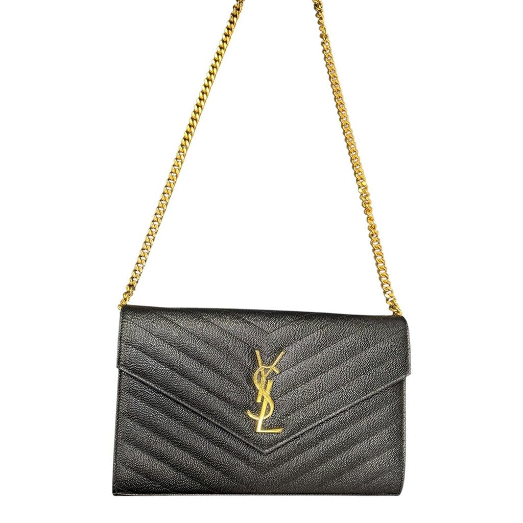 Saint Laurent YSL Cassandre Grain De Poudre Leather Wallet On A Chain Crossbody Black WOC