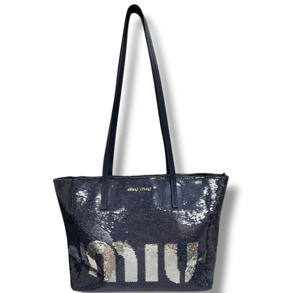 Miu Miu Sequin Logo Leather Tote Blue