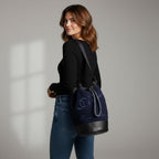 Chanel Hamburg Wool Drawstring Bucket Sling Shoulder Bag Navy Large