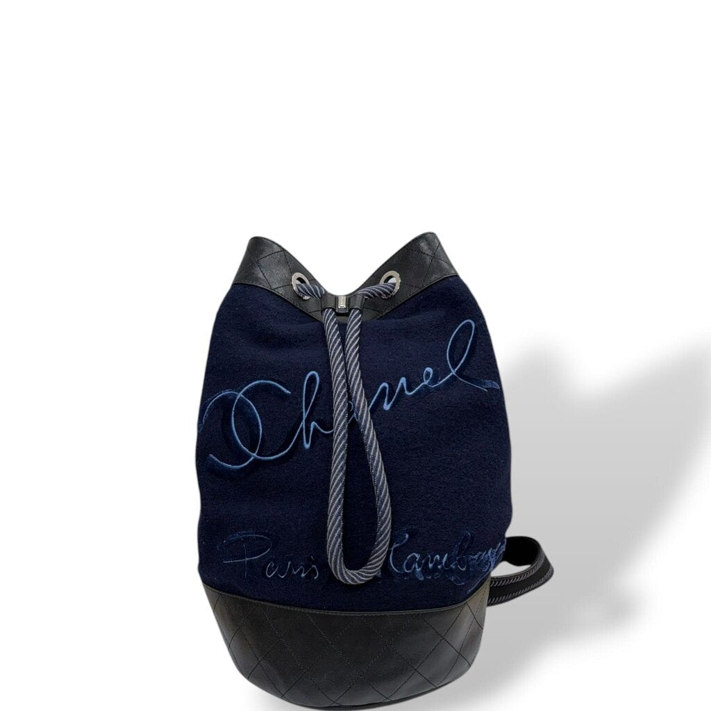 Chanel Hamburg Wool Drawstring Bucket Sling Shoulder Bag Navy Large