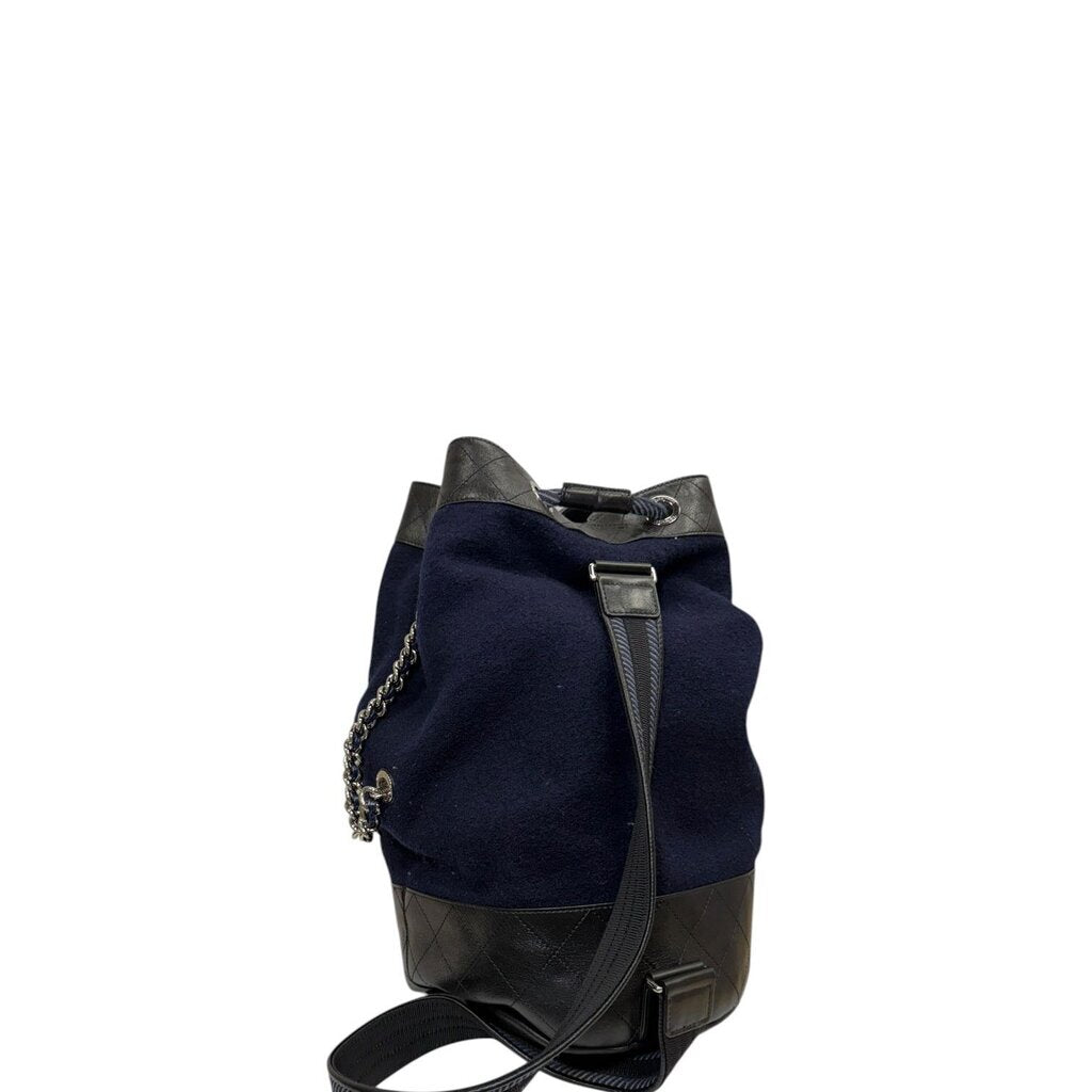 Chanel Hamburg Wool Drawstring Bucket Sling Shoulder Bag Navy Large