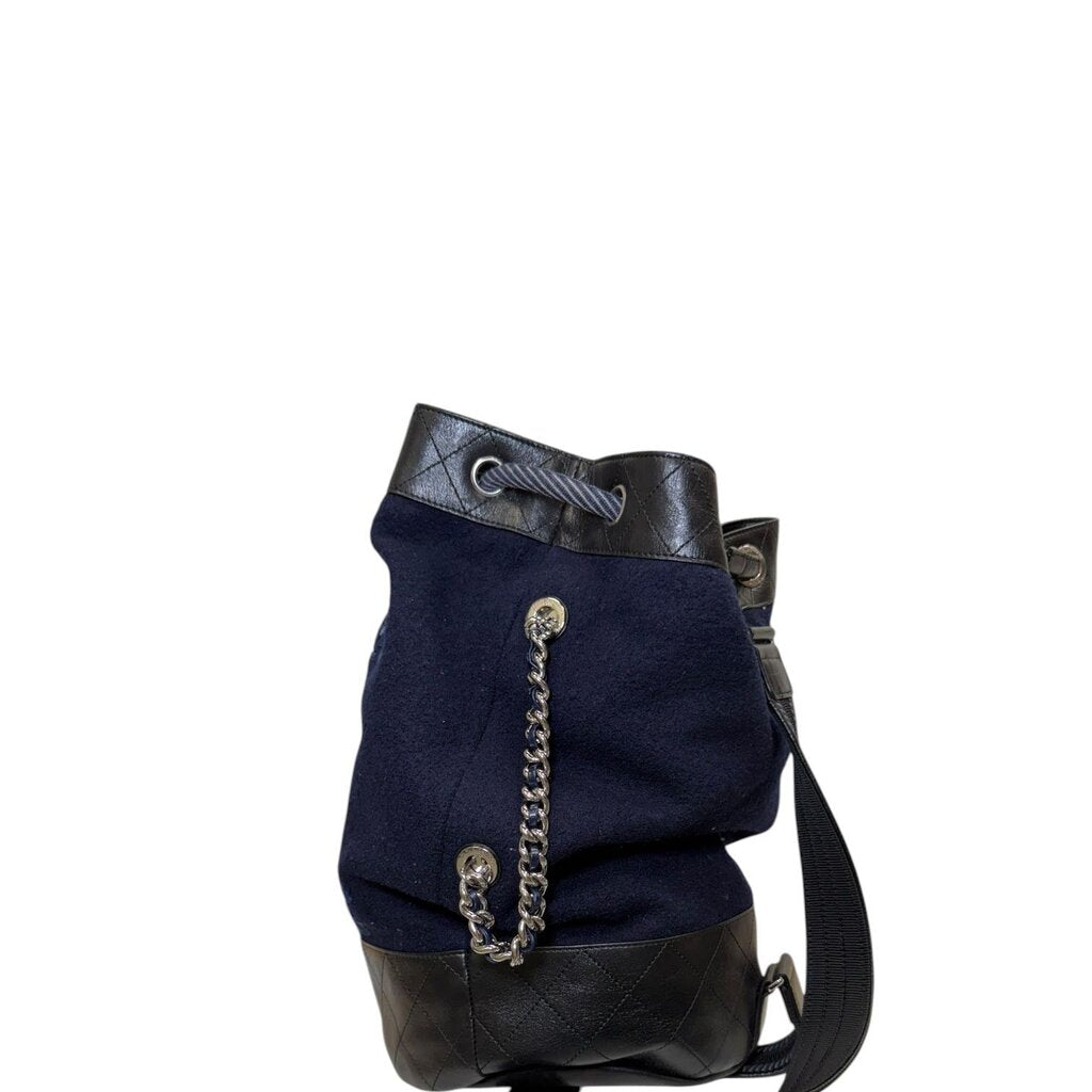 Chanel Hamburg Wool Drawstring Bucket Sling Shoulder Bag Navy Large
