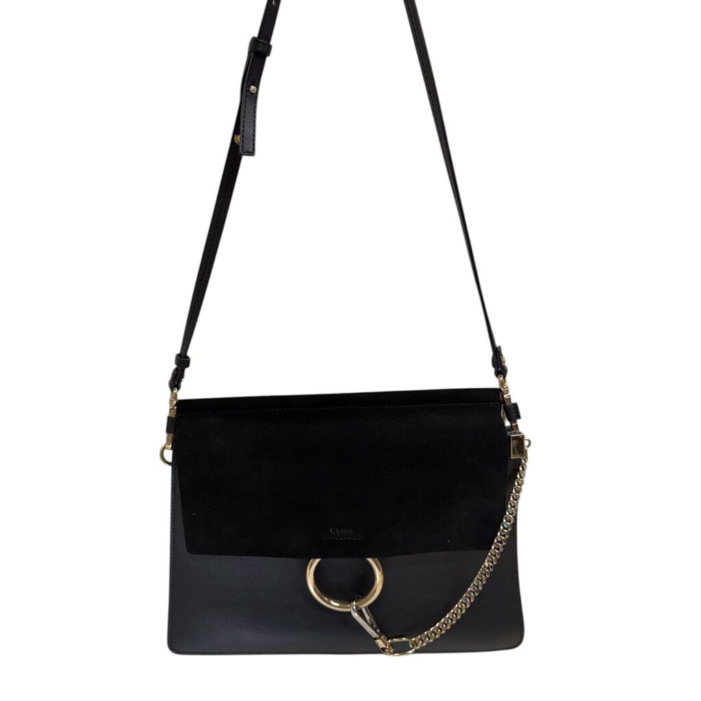 Chloe Faye Leather Suede Shoulder Handbag Black Medium