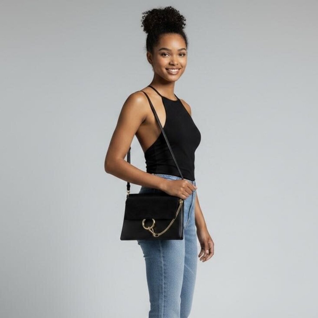 Chloe Faye Leather Suede Shoulder Handbag Black Medium