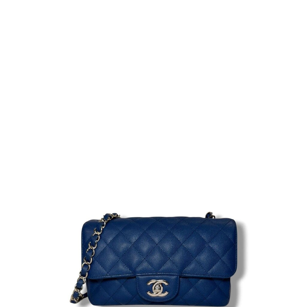 Chanel Caviar Classic Flap Shoulder Handbag Blue Mini