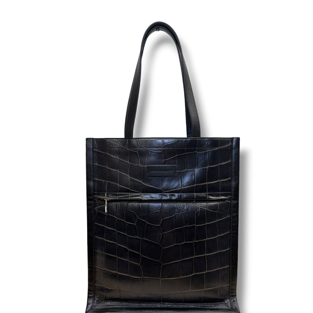 Alexander McQueen Black Crocodile Embossed Tote Handbag Black