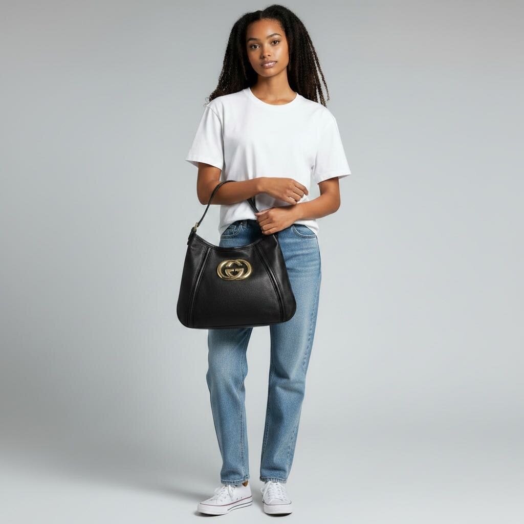 Gucci Interlocking G Calfskin Britt Shoulder Hobo Bag Black Medium