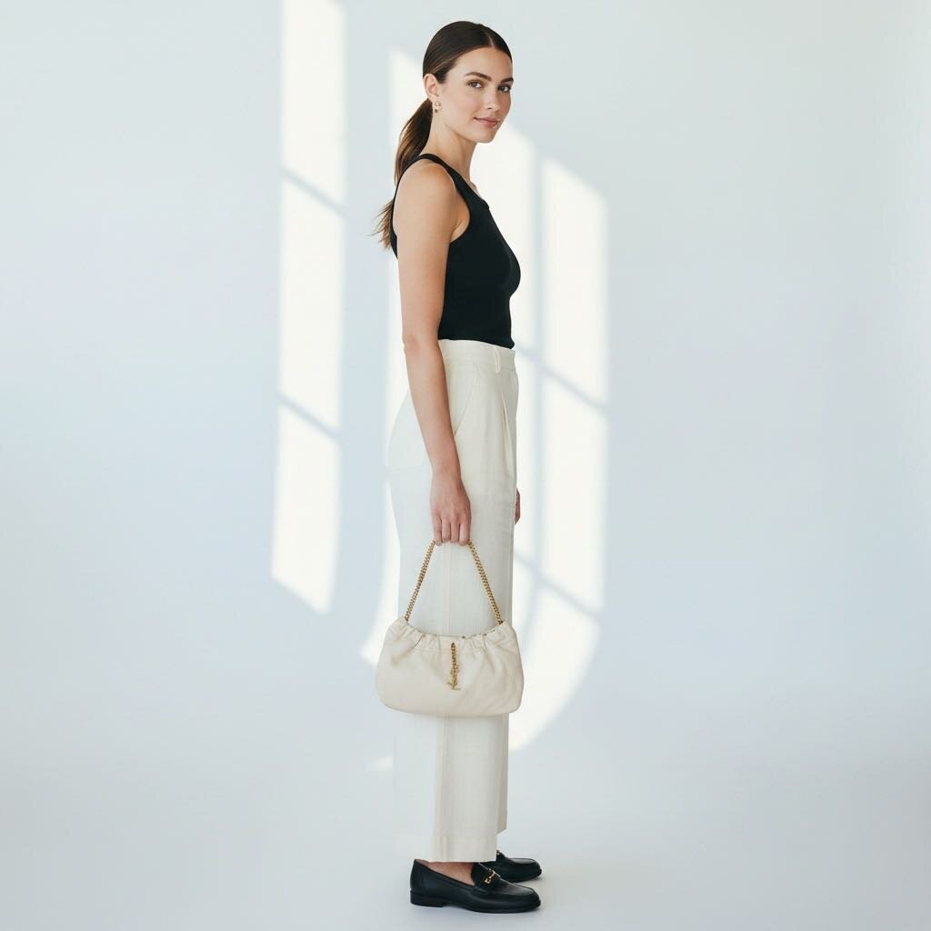 Saint Laurent YSL Pac Pac Rouched Leather Hobo Cream