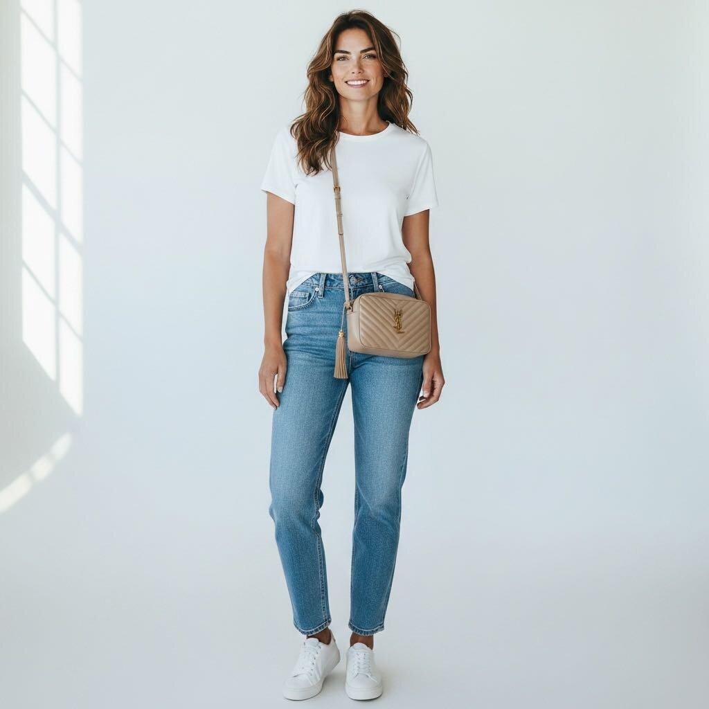YSL Lou Calfskin Matelasse Camera Crossbody Handbag Beige