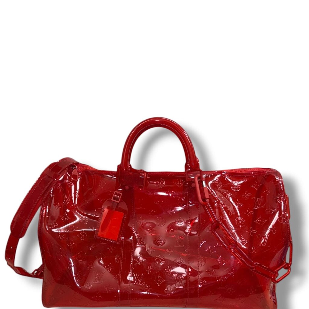 Louis Vuitton Keepall 50 Bandouliere Transparent PVC Travel Bag Red Red 50