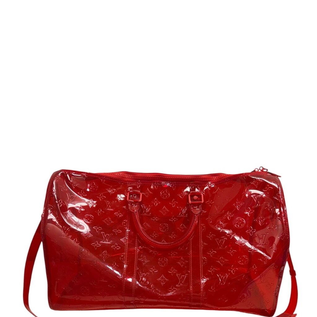 Louis Vuitton Keepall 50 Bandouliere Transparent PVC Travel Bag Red Red 50