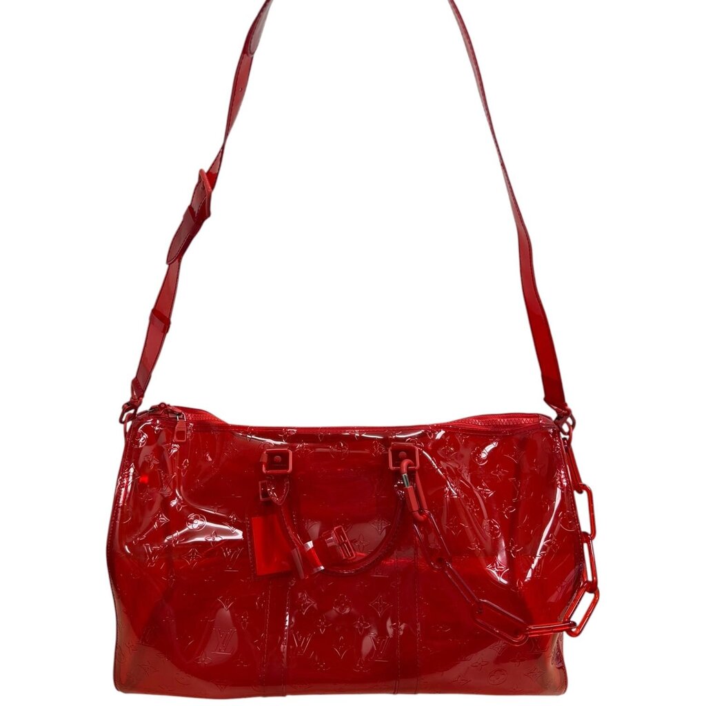 Louis Vuitton Keepall 50 Bandouliere Transparent PVC Travel Bag Red Red 50