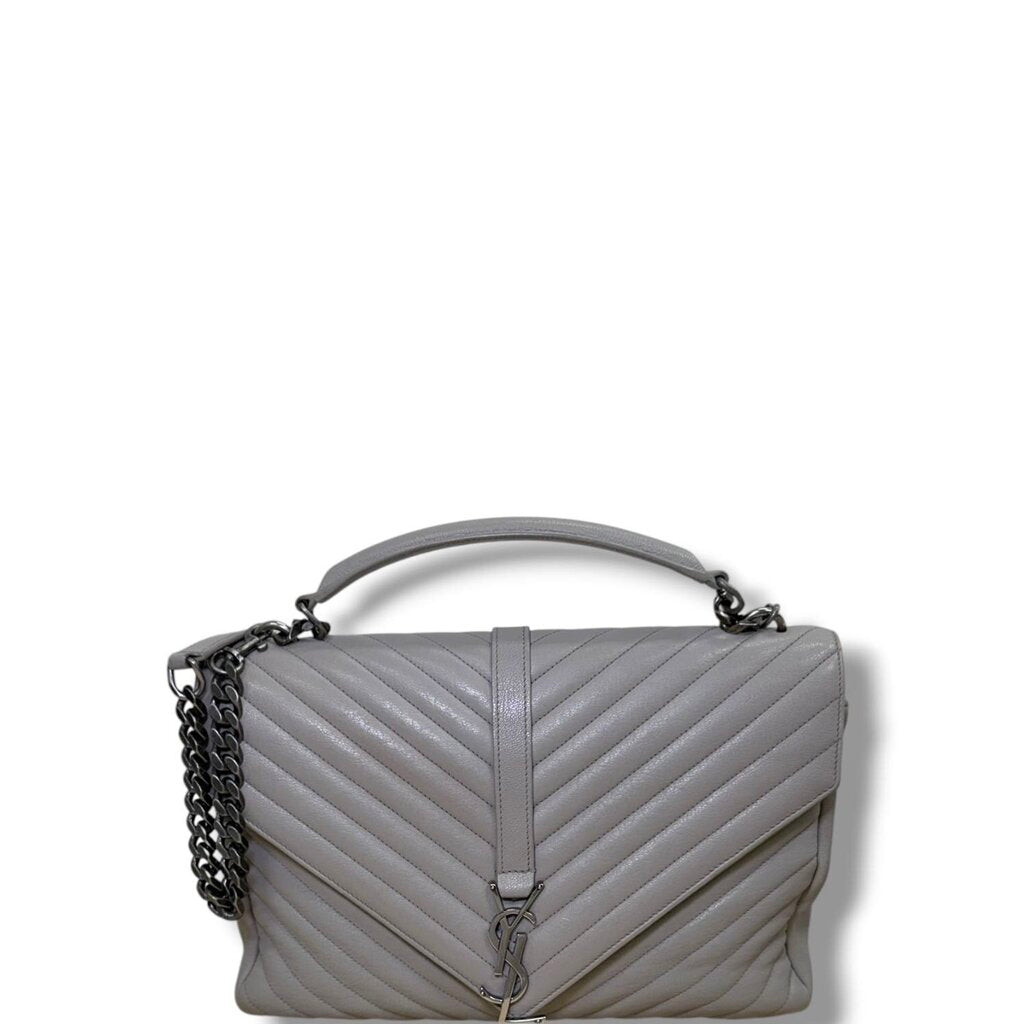 Saint Laurent YSL Chevron College Leather Shoulder Bag Gray Large