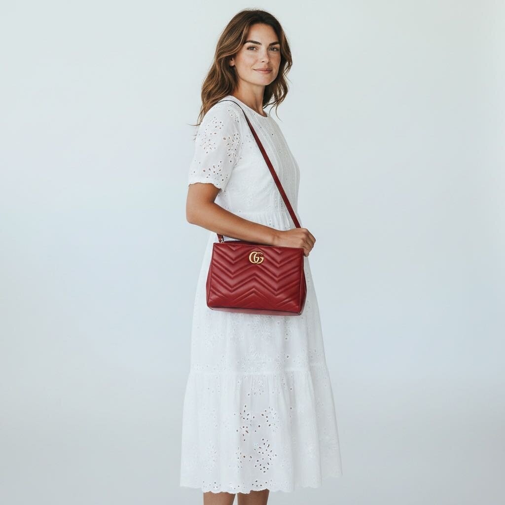 Gucci GG Marmont Calfskin Matelasse Top Handle Leather Shoulder Bag REd
