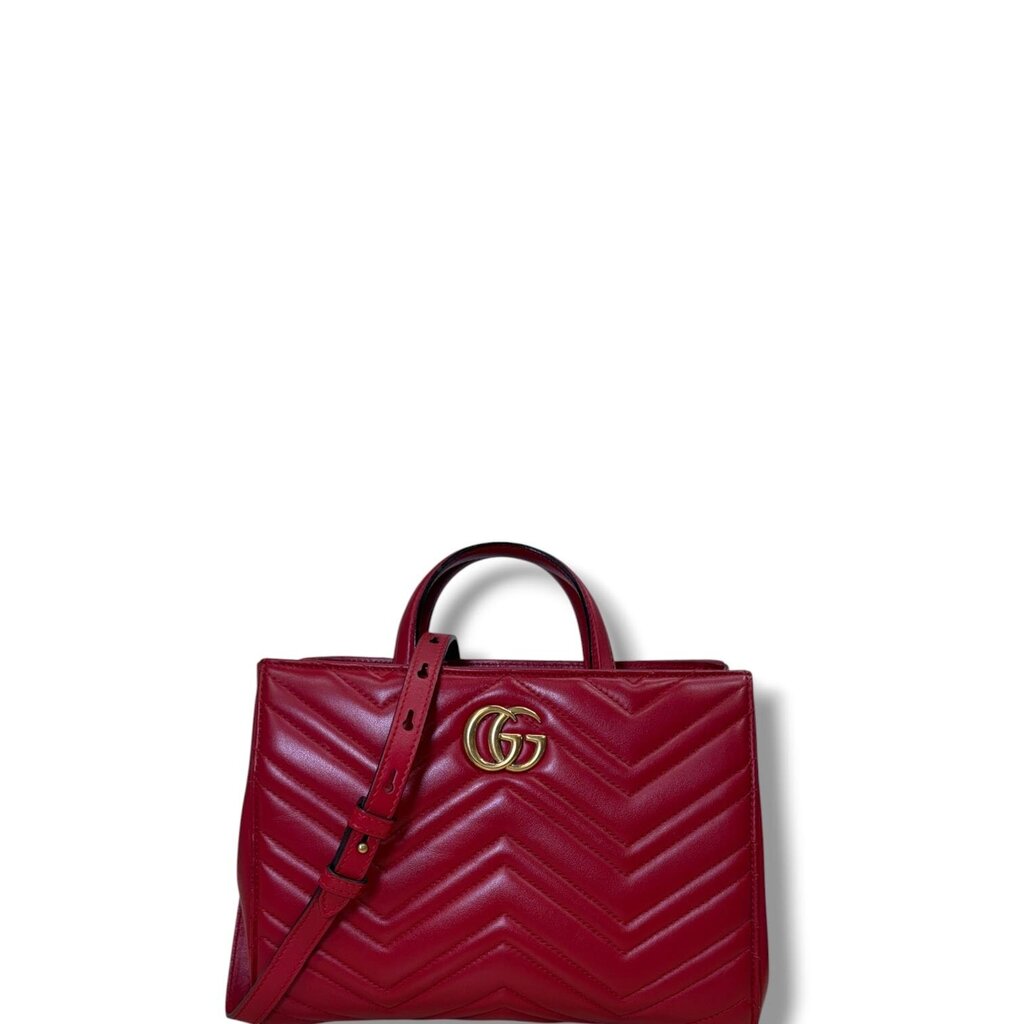 Gucci GG Marmont Calfskin Matelasse Top Handle Leather Shoulder Bag REd