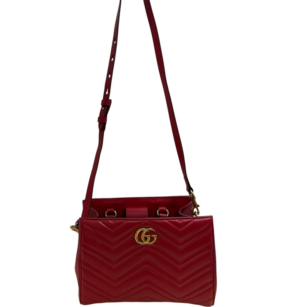 Gucci GG Marmont Calfskin Matelasse Top Handle Leather Shoulder Bag REd