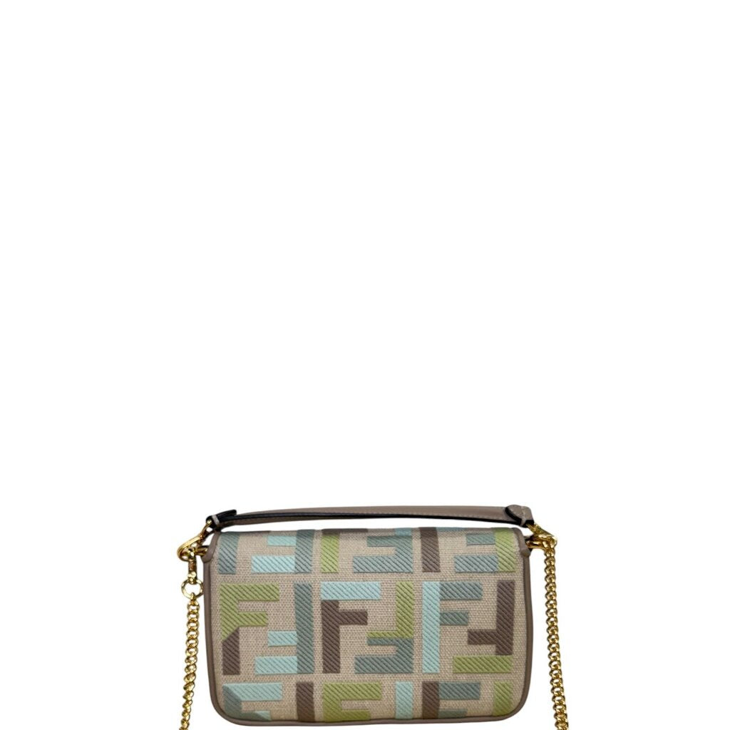 Fendi FF Canvas King Seta Embroider Baguette Crossbody Handbag Matcha Mini