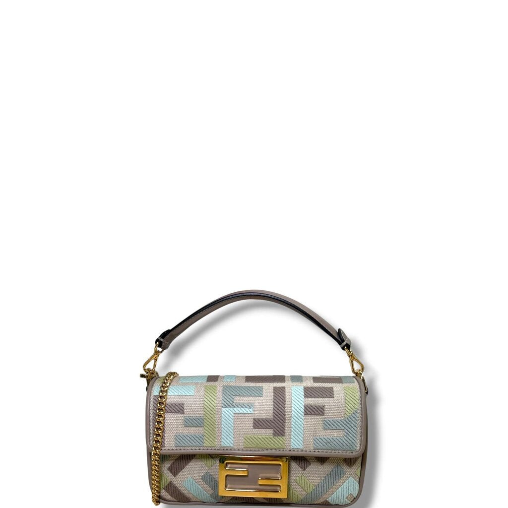 Fendi FF Canvas King Seta Embroider Baguette Crossbody Handbag Matcha Mini
