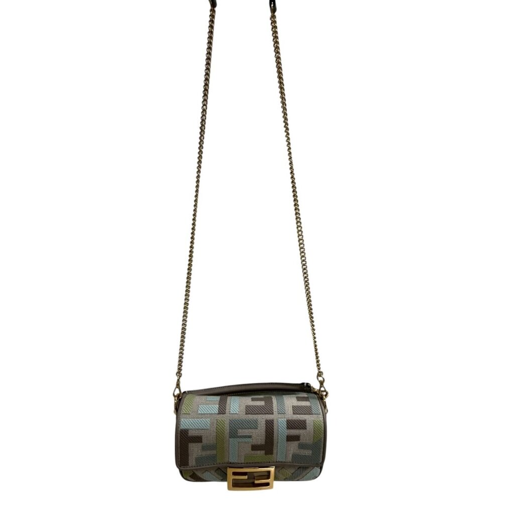 Fendi FF Canvas King Seta Embroider Baguette Crossbody Handbag Matcha Mini