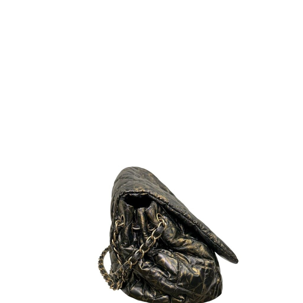 Chanel Quilted Printed Coated Nylon Accordion Flap Bag Black/Gold