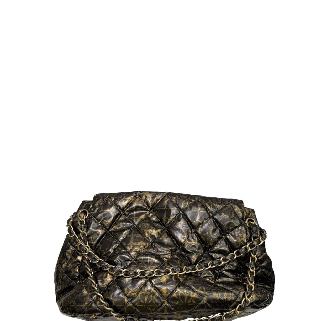 Chanel Quilted Printed Coated Nylon Accordion Flap Bag Black/Gold