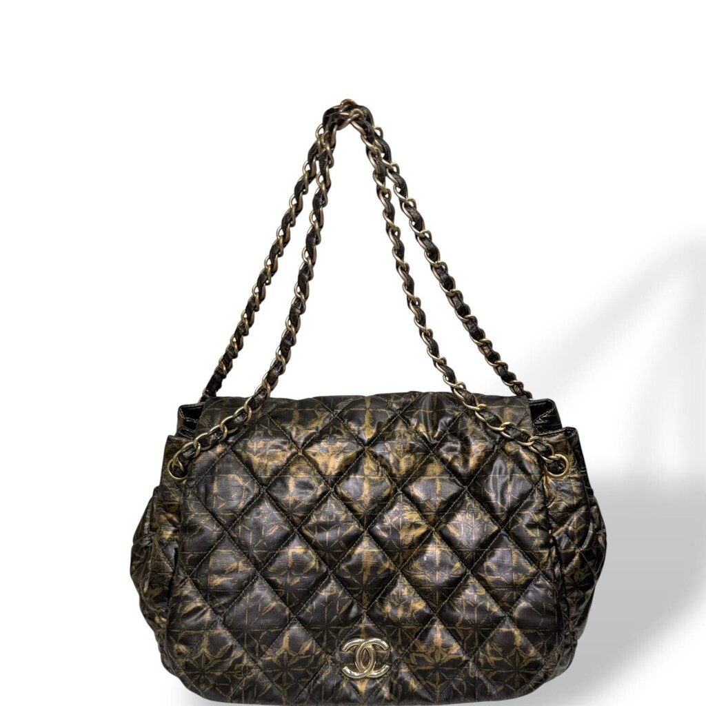 Chanel Quilted Printed Coated Nylon Accordion Flap Bag Black/Gold