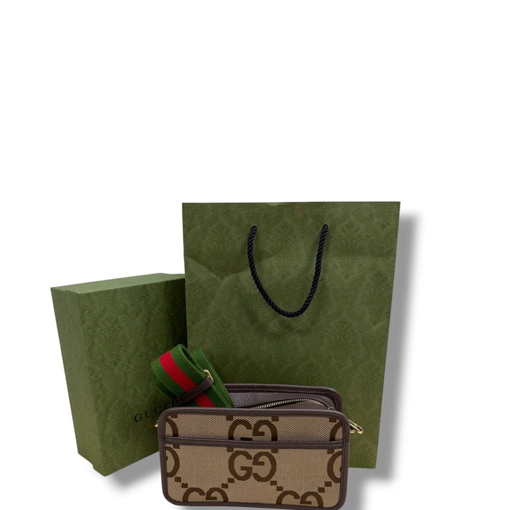 Gucci Monogram Jumbo GG Textured Dollar Web Crossbody Bag Camel