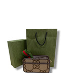 Gucci Monogram Jumbo GG Textured Dollar Web Crossbody Bag Camel