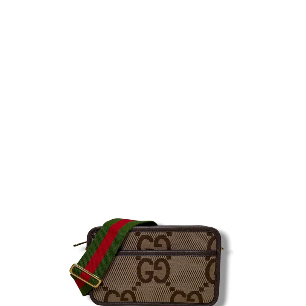 Gucci Monogram Jumbo GG Textured Dollar Web Crossbody Bag Camel